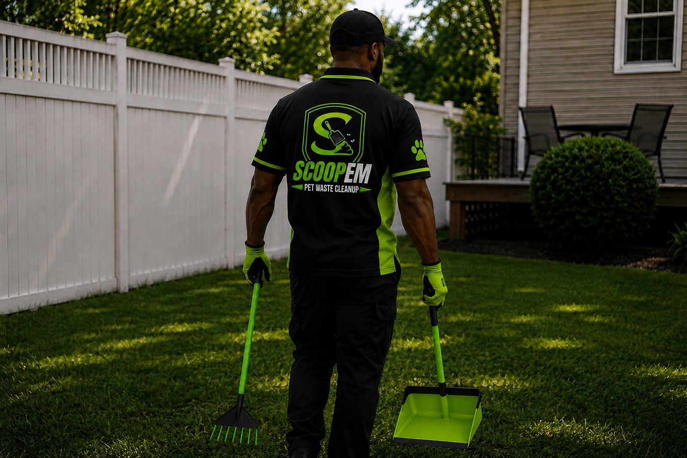 Scoopem in a branded pet waste cleanup polo carrying a rake and scoop pan across a fenced backyard in East Falls, Philadelphia